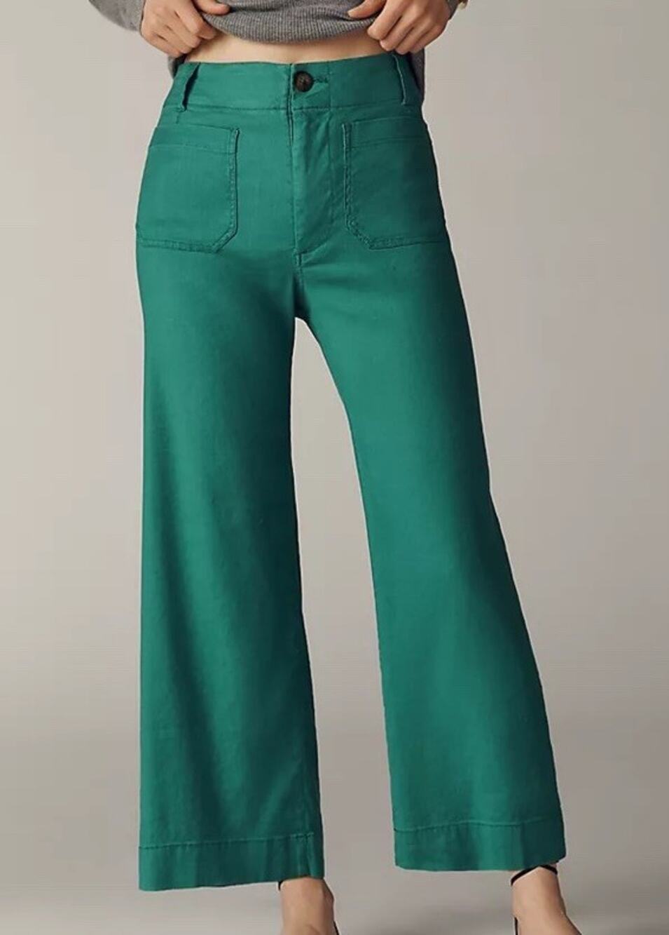 Maeve Anthropologie Colette Pants Women’s 27 Green Linen Blend Wide Leg Boho RG